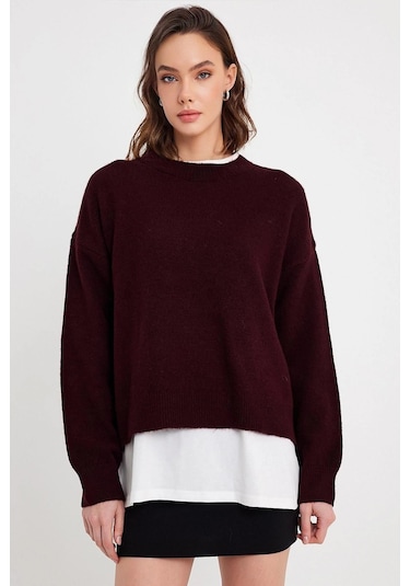 Bordo Bisiklet Yaka Basic Triko Kazak