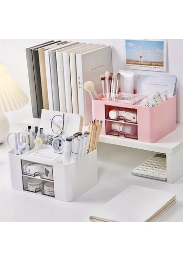 Sunshine011 Mavi 2 Çekmeceli Masaüstü Organizer, Kalem Ve Kozmetik Depolama Kutusu Mavi