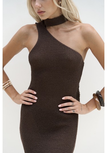 Kamalas Asimetrik Triko Kahve Uzun Elbise Kahve