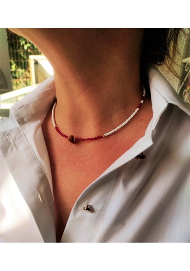 GOLD KAPLAMA SİTRİN TAŞI FUŞYA BONCUK KOLYE-KOL122 Çok Renkli