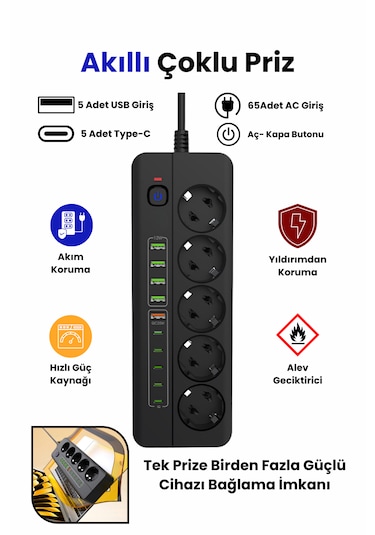 Pro P13 Siyah 3000w Akım Korumalı 5 Girişli Type-c Ve Usb Girişli Uzatmalı Grup Priz 0.2 M