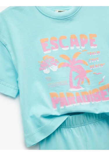 Koton Bisiklet Yaka Kısa Kollu Pamuklu Baskılı Tişört Ve Tayt Seti Turkuaz 5skg10148ak Turkuaz