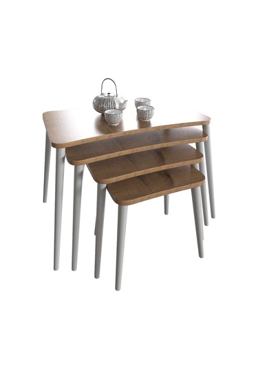 Selen 4lü Zigon Sehpa Ahşap Beyaz Ayaklı Salon Seti Çay Sehpası Ceviz