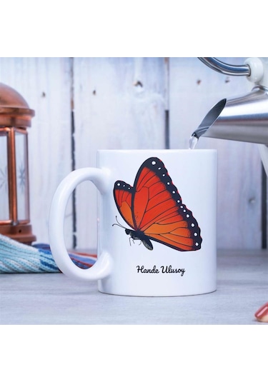 Kişiye Özel Fotoğraflı Hediye Seti İstiridye Kolye Ve Kelebek Tasarımlı Kupa