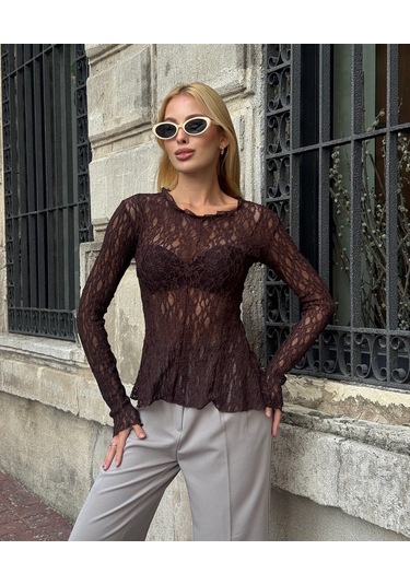 Kadın Bisiklet Yaka Full Esnek Dantel Bürümcük Spor Şık Tasarım Asimetrik Kesim Gece Bluzu Kahverengi