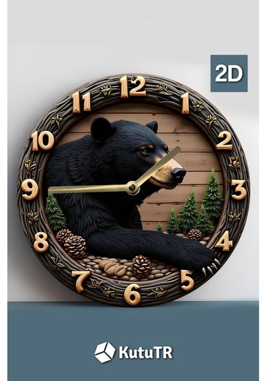 Sessiz Yuvarlak Ahşap Duvar Saati, Kuvars Ayı Desen 2d Sdw029 Renkli