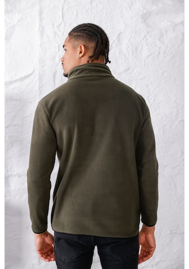 Monox Erkek Biyeli Fermuarlı Spor Polar Ceket Haki