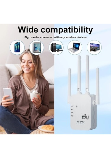 Xuweiwei Beyaz Wifi Genisletici 1200mbps 4 Antenli 360 Tam Kapsama Alani 35 Cihaz Icin Eu Fis Ethernet Portu Ev Ofis Kafe Icin Sinyal Guclendirme