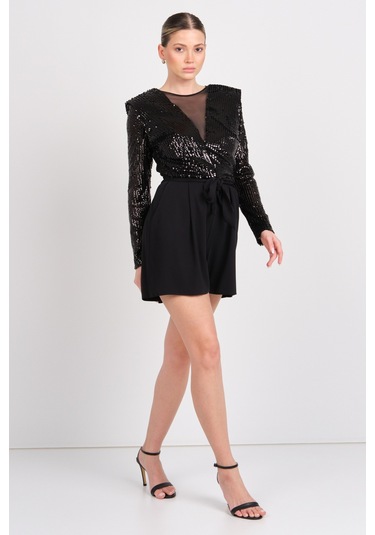 Explosion Kadın Ön - Arka Derin V Yaka Ve Transparan Payetli Kısa Abiye Tulum 2419 Siyah Siyah
