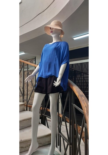 İtalyan Yarasa Kollu İpek Bluz Saks Mavi