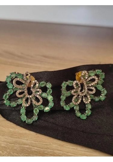 925 Ayar Gümüş Zümrüt Elmas Küpe 279 Gümüş