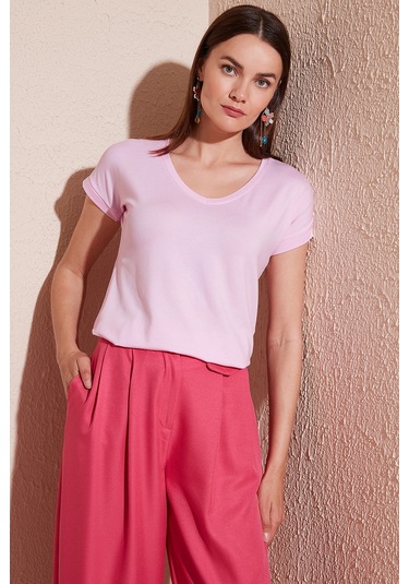 Lela V Yaka Rahat Kesim Yırtmaçlı Bayan Bluz 5862000 Toz Pembe