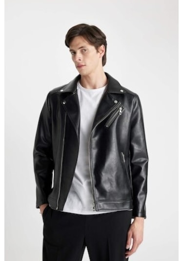 Defacto Slim Fit İnce Suni Deri Mont Ceket Dar Kesim Fermuarlı Üç Cepli Astarlı Mevsimlik Hafif C5715AX24AUBK27 Siyah