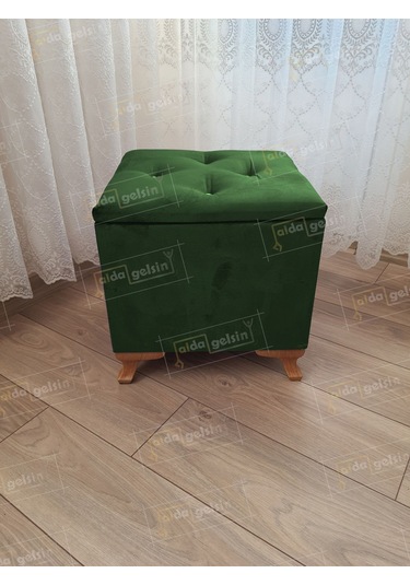 Lüks Sandıklı Tabure Puf 45 X 45 Cm Ceviz Ayak Yeşil