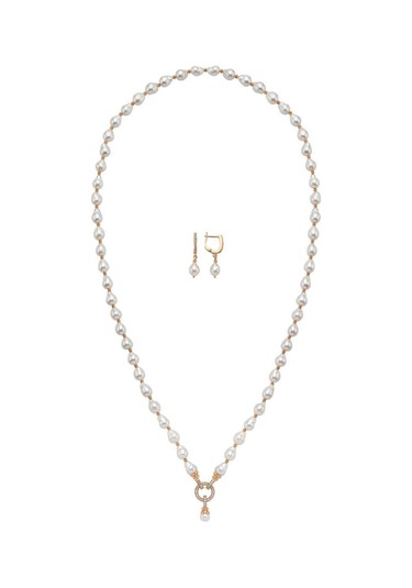 Zirkon Taşlı Halka Kilitli Doğal Damla İnci Küpe Kolye İkili Set Rose Gümüş