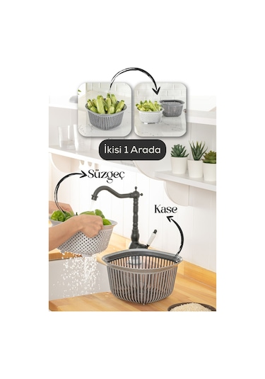 Vienev 4 Litre Kare Kase Ayrı Süzgeçli Antrasit-füme