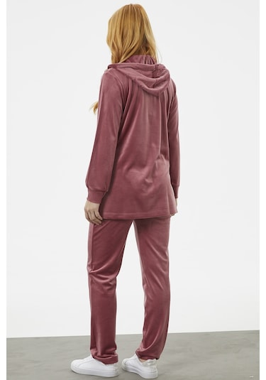 Tam Fermuarlı Kadife Taşlı Eşofman Takım - Gül Kurusu 001