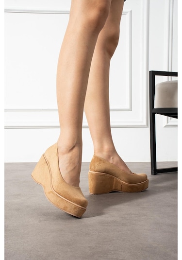 Zenneshoes Helena Dolgu Topuklu Kadın Ayakkabı Taba Süed
