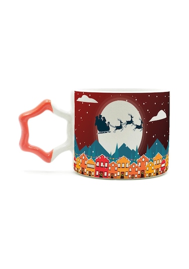 Mor Mürekkep Yılbaşı Gecesi Kızak ve Geyikleri Baskılı Turuncu Kulplu Yıldız Yılbaşı Kupası