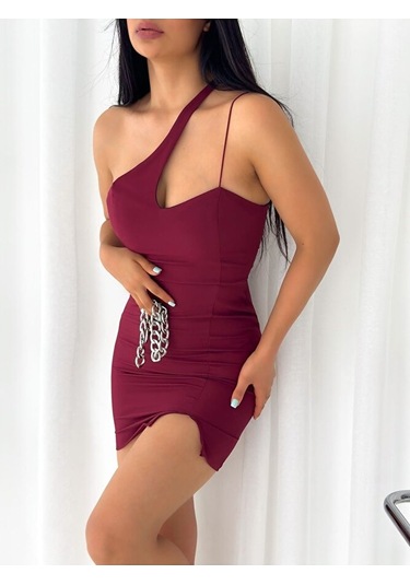 Modazeyosh Moda Zeyosh Asimetrik Astarlı Dabıl Elbise Mor