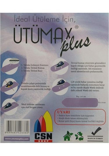Ütümax Plus Yanmaz Termal Keçe Ütü Masası Örtüsü Bezi Kılıfı