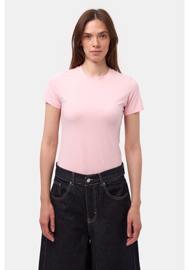 Itsbasic Kadın Light Pembe S6-98 Bisiklet Yaka %100 Organik Pamuk Esnek Kumaş T-shirt