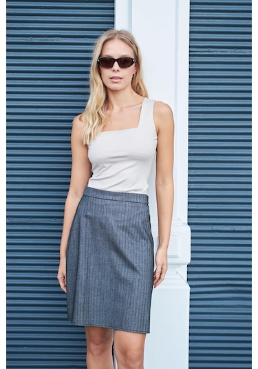 Kadın Hafif Likralı Desenli Kumaş Ekoseli Yüksek Bel Diz Boy Çan Etek-balık Sırtı Balık Sırtı