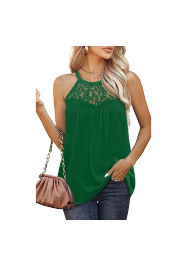Yeşil Yaz Kadın Üstleri Dantel Pilili Kolsuz Yelek Tişört Bisiklet Yaka Rahat Rahat