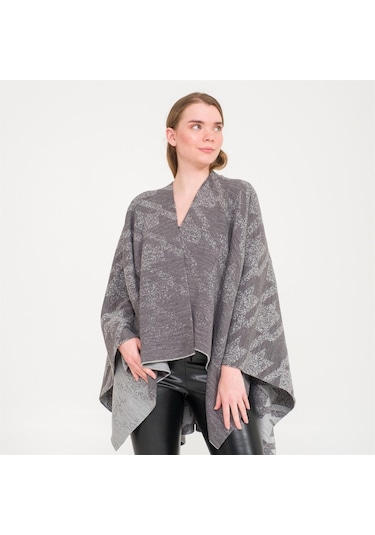 Kaz Ayağı Desen Çift Taraflı Triko Kadın Şal Panço-Antrasit-140X140 Antrasit
