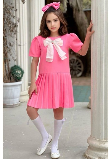 Riccotarz Kız Çocuk Göğsü Fiyonk Detaylı Eteği Pliseli Pembe Elbise 001