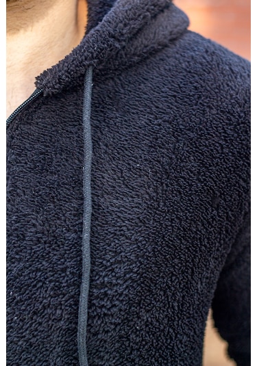 Erkek Siyah Peluş Yumoş Fermuarlı Kapüşonlu Cepli Welsoft Yelek 22ECKTERES Siyah