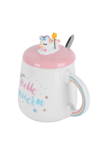 Geeroyoo Teknik Unicorn Desenli Seramik Bardak, 450ml Kapasite, Kapak Ve Kaşık İle, Ev Ofis Okul Uygun, Hediye Paketiyle Diğer