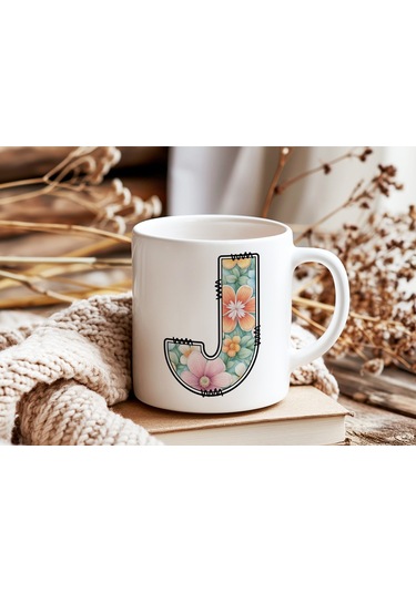 J Harfli Pastel Çiçek Desenli Kahve Kupası - Kişiye Özel Çiçekler Koleksiyonu Bardak - Hediye Beyaz