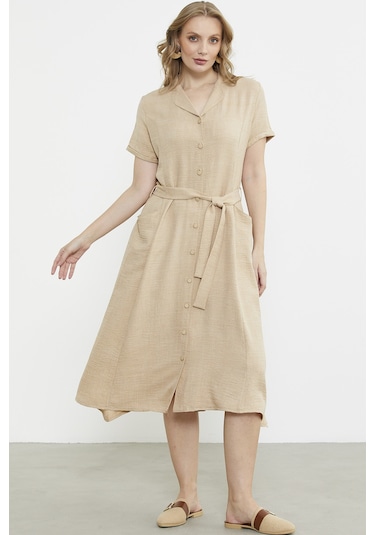 Keten Görünümlü Cepli Gömlek Elbise - Bej Bej