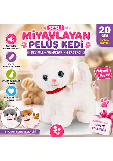 Sesli Miyavlayan Peluş Kedi 20 Cm Yumuşak Sevimli Ayakta İnteraktif Oyuncak Beyaz