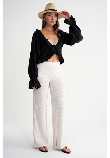 4712 Kadın Volanlı Modal Bolero Bluz Siyah Siyah