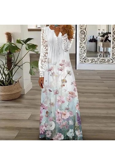 Zarif Kanca Çiçek Hollow Dantel Elbise Kadın İlkbahar Yaz Moda Dantel-up Uzun Elbise Kadın Rahat Uzun Kollu Beyaz Elbiseler 24816 Floral Beyaz - Mavi