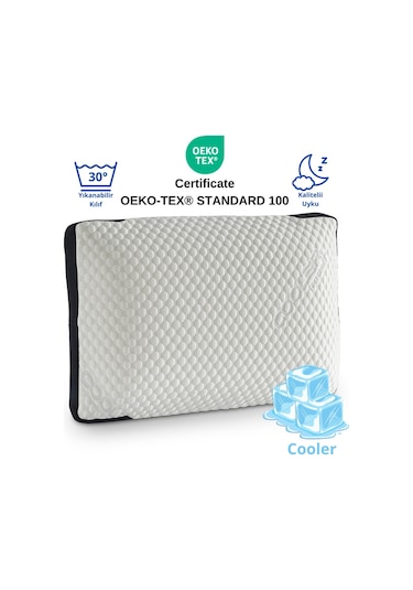 Rudu Cooler Kılıflı Visco Visko Delikli Bütün Sünger Yastık 60x40x14 Cm 1250 Gr Omuz/boyun Destekli Beyaz - Lacivert