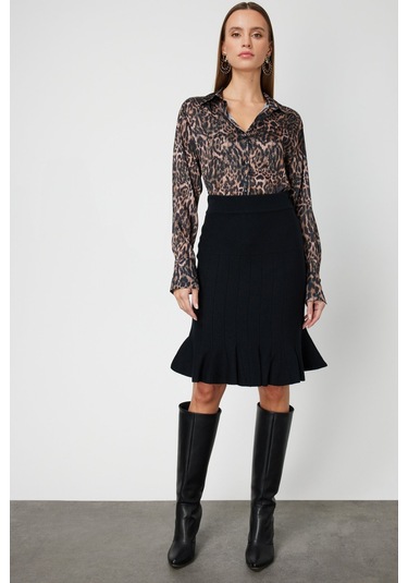 On Kadın Eteği Pileli Diz Üstü Triko Etek 65200 Siyah Siyah