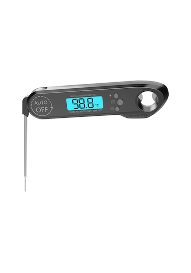 Monyee Siyah Füme Mutfak Termometresi - Ip67 Su Geçirmez, Çelik Prob, Lcd Ekran, Şişe Açıcı Ve Manyetik Tutucu Siyah