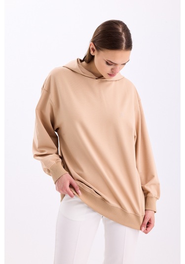 Pastelastore Pamuklu Kapüşonlu 2 İplik Baharlık Oversize Sweatshirt Bej