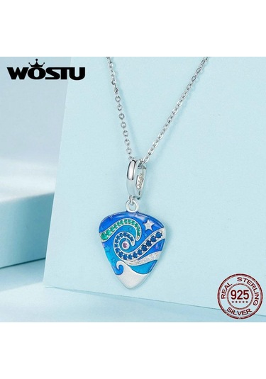 Wostu Müzik Hediyeler 925 Ayar Gümüş Gitar Mızrap Mavi Emaye Narin Charm Kolye Kadınlar Genç Kızlar İçin Gümüş