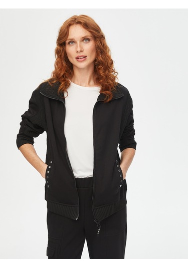 Kendinden Jakarlı Garnili Trok Taş Detaylı Eşofman Üst 69266 U6926610 Siyah