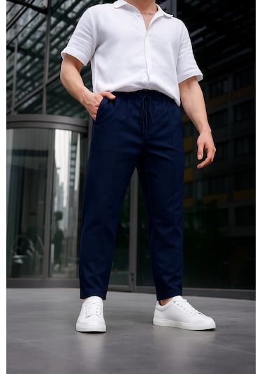 Erkek Lacivert Renk Esnek Likralı Fermuar Detaylı Jogger Pantolon-1804 Lacivert