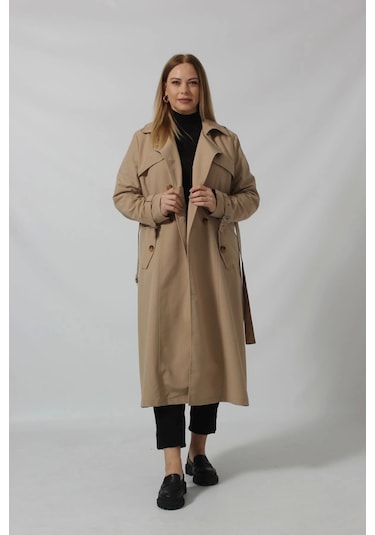Dizaltı Düğmeli Kuşaklı Trençkot Vizon Taş