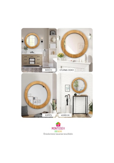 Safir Ahşap Dekoratif Ayna Yuvarlak Ayna Işlemeli Ahşap Duvar Aynası - 56 Cm Ceviz