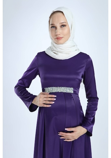 Moda Labio Modalabio Saten Tesettür Incili Mor Hamile Elbise