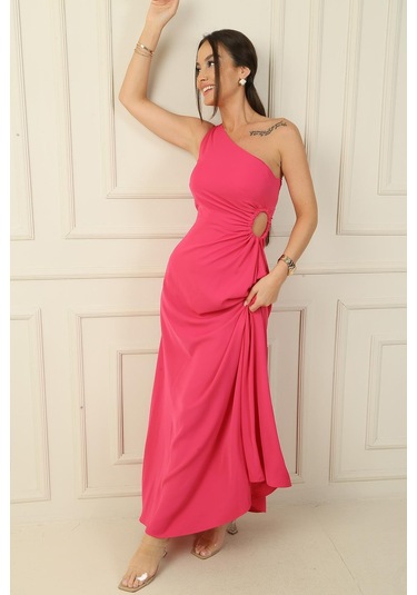 Kadın Tek Omuz Yan Pencere Detaylı Uzun Krep Saten Elbise-38277 Fuşya
