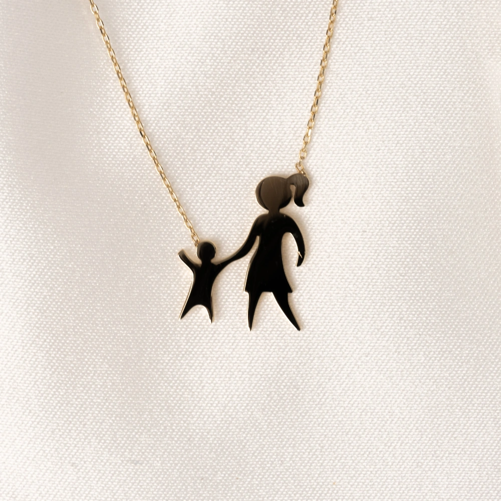 Gümüş Kolye - Anne Kız 925 Ayar Gümüş Kolye Sarı