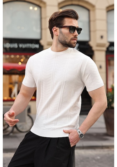 Beyaz Bisiklet Yaka Slim Fit Triko Erkek Tişört E7466